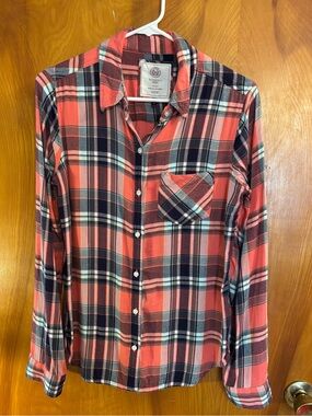 SO Coral Red and Black Plaid Button-Down Shirt